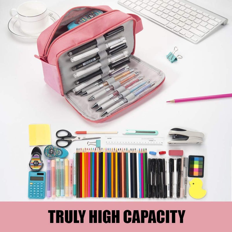 Sooez High Capacity Pencil Case, Big Pencil Bag Pouch Box Organizer Pen Case, Portable Journaling Supplies with Easy Grip Handle & Loop, Asthetic Supply for Girls Adults, Pink - Image 2